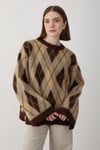 Kadın Kahverengi Oversize Argyle Desenli Triko Kazak