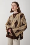 Kadın Kahverengi Oversize Argyle Desenli Triko Kazak