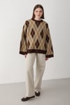 Kadın Kahverengi Oversize Argyle Desenli Triko Kazak