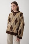 Kadın Kahverengi Oversize Argyle Desenli Triko Kazak