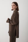 Kadın Kahverengi Oversize Balıkçı Yaka Triko Kazak & Beli Lastikli Pantolon Alt&Üst Takım