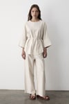 Kadın Keten Oversize Üst Bluz & Lastikli Pantolon Bol Paça Alt & Üst Takım