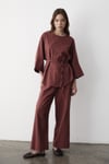Kadın Kiremit Keten Oversize Üst Bluz & Lastikli Bol Paça Pantolon Alt & Üst Takım