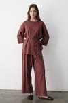 Kadın Kiremit Keten Oversize Üst Bluz & Lastikli Bol Paça Pantolon Alt & Üst Takım