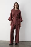 Kadın Kiremit Keten Oversize Üst Bluz & Lastikli Bol Paça Pantolon Alt & Üst Takım