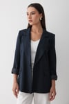 Kadın Lacivert Çizgili İçi Astarlı Kol Detaylı Blazer Ceket
