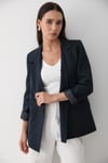 Kadın Lacivert Çizgili İçi Astarlı Kol Detaylı Blazer Ceket