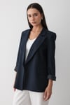 Kadın Lacivert Çizgili İçi Astarlı Kol Detaylı Blazer Ceket