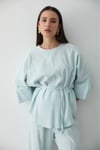 Kadın Mavi Keten Oversize Üst Bluz & Lastikli Bol Paça Pantolon Alt & Üst Takım
