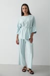 Kadın Mavi Keten Oversize Üst Bluz & Lastikli Bol Paça Pantolon Alt & Üst Takım