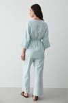 Kadın Mavi Keten Oversize Üst Bluz & Lastikli Bol Paça Pantolon Alt & Üst Takım