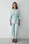 Kadın Mavi Keten Oversize Üst Bluz & Lastikli Bol Paça Pantolon Alt & Üst Takım