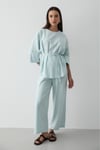 Kadın Mavi Keten Oversize Üst Bluz & Lastikli Bol Paça Pantolon Alt & Üst Takım