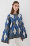 Kadın Mavi Oversize Argyle Desenli Triko Kazak