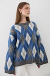 Kadın Mavi Oversize Argyle Desenli Triko Kazak