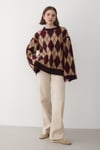 Kadın Mürdüm Oversize Argyle Desenli Triko Kazak
