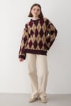 Kadın Mürdüm Oversize Argyle Desenli Triko Kazak