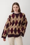 Kadın Mürdüm Oversize Argyle Desenli Triko Kazak