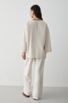 Kadın Naturel Düğmeli V Yaka Kimono & Beli Lastikli Pantolon Keten Alt & Üst Takım