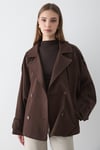 Kadın Oversize Kruvaze Yaka Cepli Kısa Trençkot