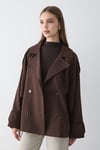 Kadın Oversize Kruvaze Yaka Cepli Kısa Trençkot