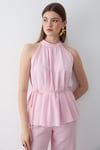 Kadın Pembe Halter Yaka Kuşak Detaylı Bluz Pantolon Takım