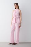 Kadın Pembe Halter Yaka Kuşak Detaylı Bluz Pantolon Takım