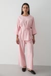 Kadın Pembe Keten Oversize Üst Bluz & Lastikli Bol Paça Pantolon Alt & Üst Takım