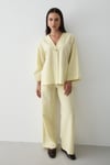 Kadın Sarı Düğmeli V Yaka Kimono & Beli Lastikli Pantolon Keten Alt & Üst Takım