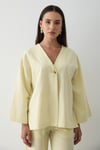 Kadın Sarı Düğmeli V Yaka Kimono & Beli Lastikli Pantolon Keten Alt & Üst Takım