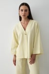 Kadın Sarı Düğmeli V Yaka Kimono & Beli Lastikli Pantolon Keten Alt & Üst Takım