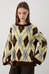 Kadın Sarı Oversize Argyle Desenli Triko Kazak
