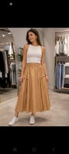 Poplin Beli Lastikli Maxi Etek – Camel