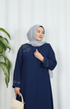  Büyük Beden Omuz Taş İşlemeli  Anne  Elbise İndigo HNT1002