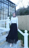 Astarlı Kemerli Çiçek Desenli Tül Etek  Siyah HNT1007