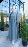 Düğme Detaylı Pileli Tesettür Elbise  Haki  HNT8528