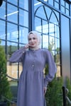 Düğme Detaylı Pileli Tesettür Elbise Kahverengi   HNT8528