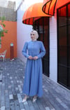 Düğme Detaylı Pileli Tesettür Elbise Mavi  HNT8528