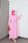 Bolerolu Beli Lastikli Tesettür Elbise Pembe   HNT011