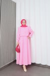 Bolerolu Beli Lastikli Tesettür Elbise Pembe   HNT011