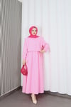 Bolerolu Beli Lastikli Tesettür Elbise Pembe   HNT011