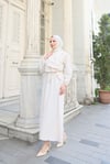 Fırfır Detaylı Kuşaklı Terikoton Elbise Krem    HNT0313