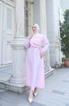 Fırfır Detaylı Kuşaklı Terikoton Elbise Pembe    HNT0313