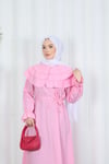 Kuşaklı Fırfır Detaylı Tesettür Terikoton Elbise Pembe HNT0314 