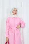 Gizli Pat Düğmeli Kuşaklı Terikoton Elbise HNT0316 Pembe 