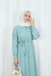 Gizli Pat Düğmeli Kuşaklı Terikoton Elbise HNT0316 Mint Yeşili