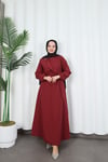 Toka Detaylı Kuşaklı Terikoton Elbise Bordo   HNT0332