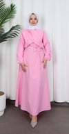 Toka Detaylı Kuşaklı Terikoton Elbise Pembe  HNT0332