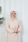 Toka Detaylı Kuşaklı Terikoton Elbise Krem    HNT0332