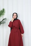 Toka Detaylı Kuşaklı Terikoton Elbise Bordo   HNT0332